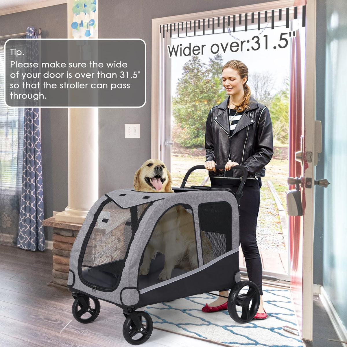 Extra Large Foldable Dog Stroller with Pocket, Up to 130 lbs F7206
