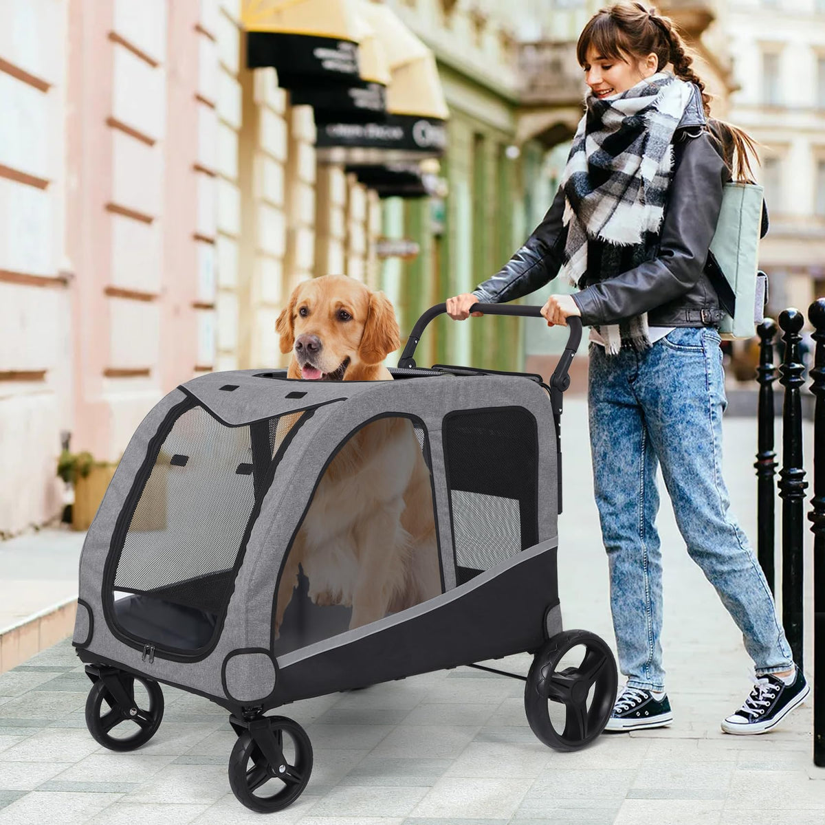 Extra Large Foldable Dog Stroller with Pocket, Up to 130 lbs F7206