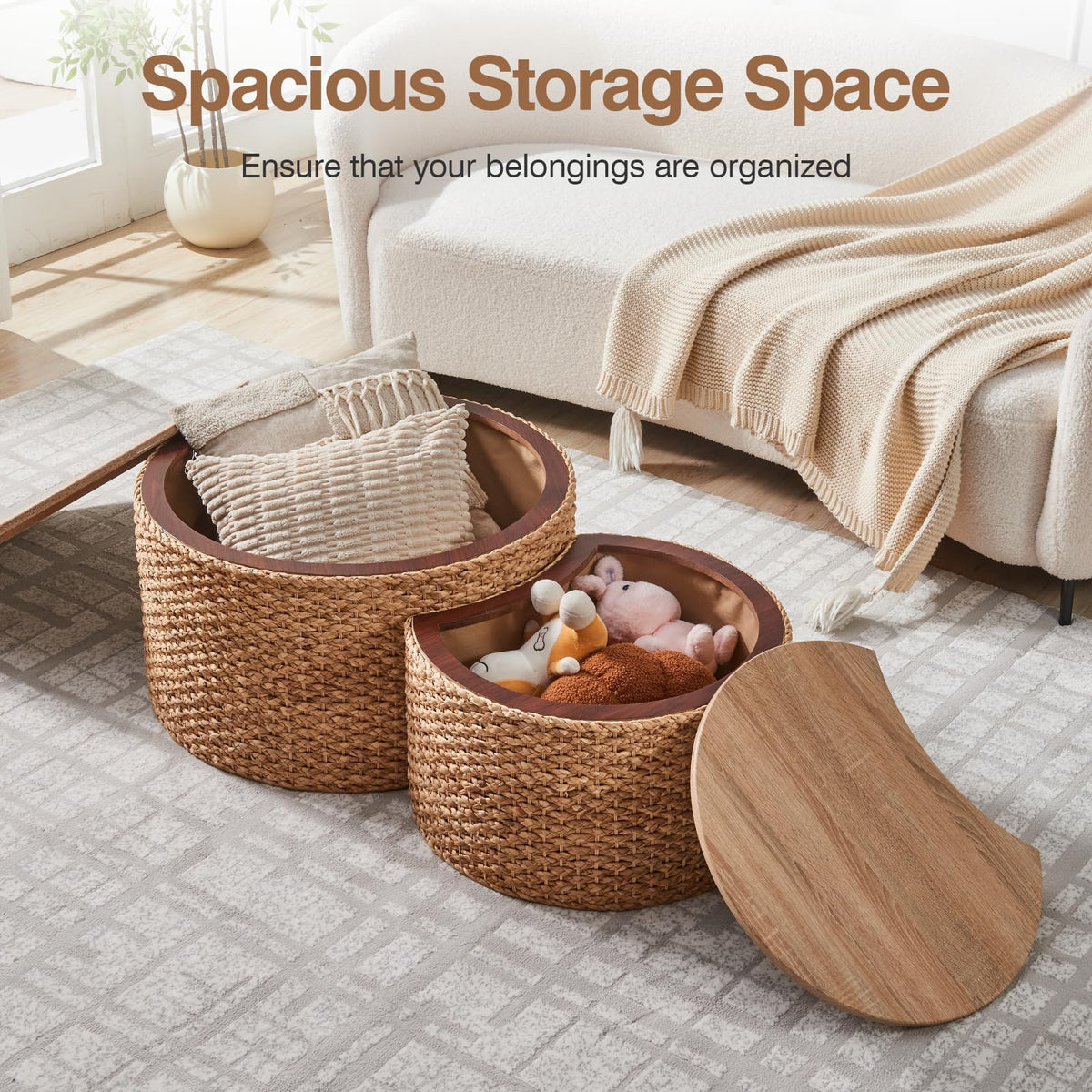 Round Nesting Coffee Table Set of 2 with Storage Wicker Rattan Wood Frame V899