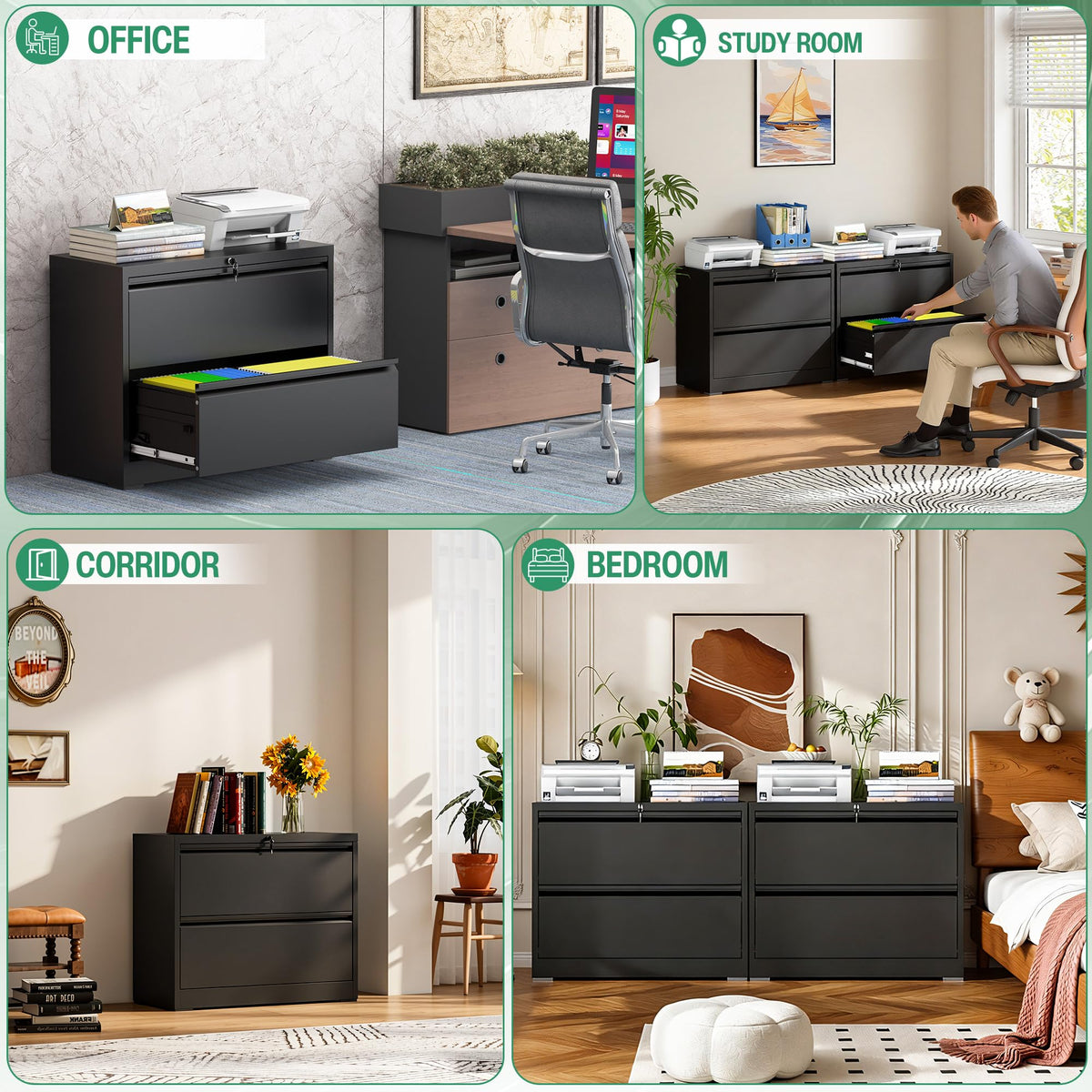 Black 2 Drawer Metal Lateral File Cabinet with Lock L5188