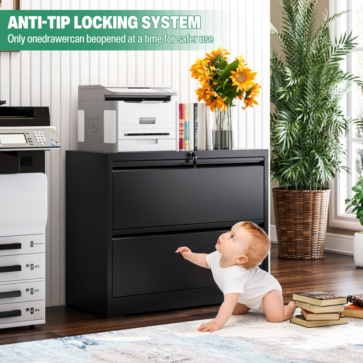 Black 2 Drawer Metal Lateral File Cabinet with Lock L5188