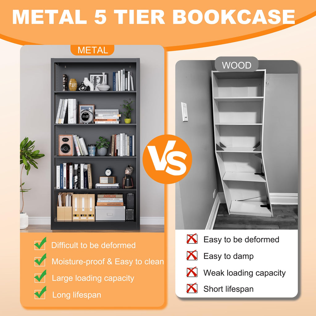 66" Tall Black Metal Bookcase with Adjustable Shelves X198