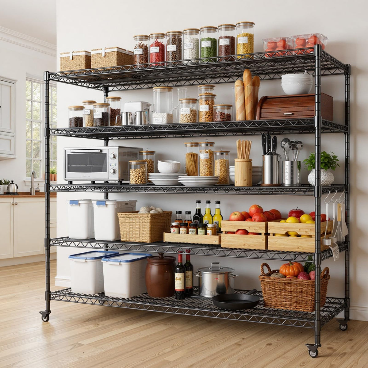 60”W 5 Tier Heavy Duty Metal Wire Shelving with Wheels K210623