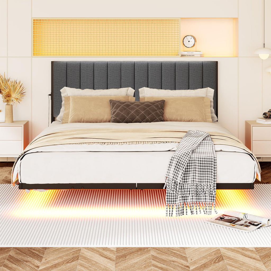 Full Size Metal Platform Bed Frame with LED Lights and Charging Port X709345