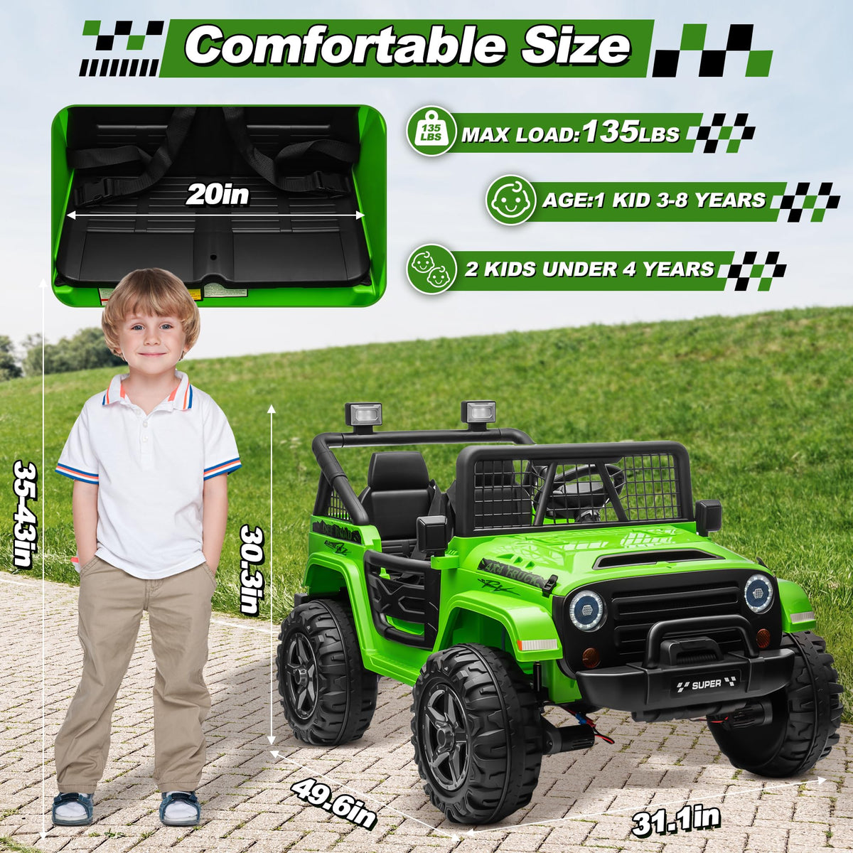 24V Ride on Car with Remote Control, 2 Seater 4WD/2WD Truck, Green B52615