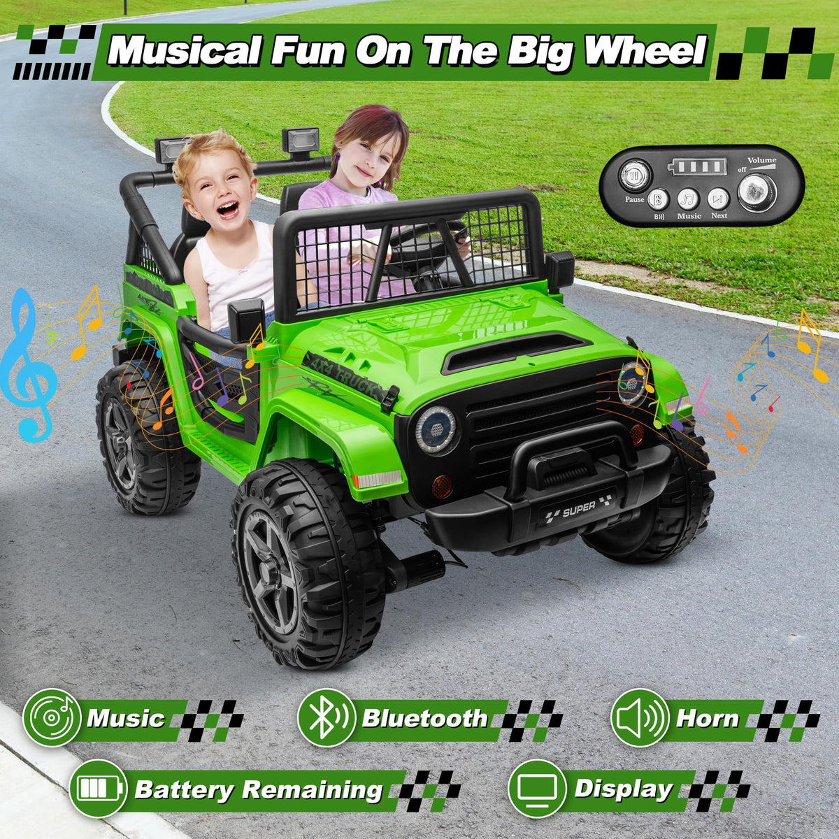 24V Ride on Car with Remote Control, 2 Seater 4WD/2WD Truck, Green B52615