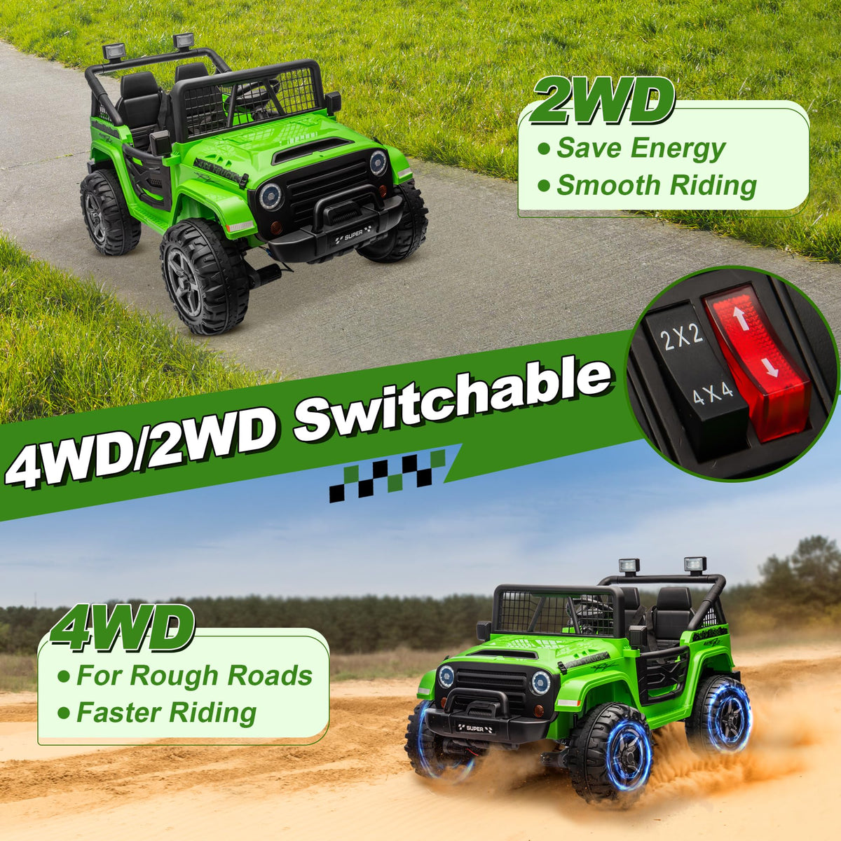 24V Ride on Car with Remote Control, 2 Seater 4WD/2WD Truck, Green B52615
