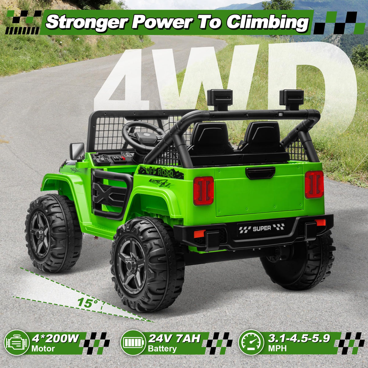 24V Ride on Car with Remote Control, 2 Seater 4WD/2WD Truck, Green B52615