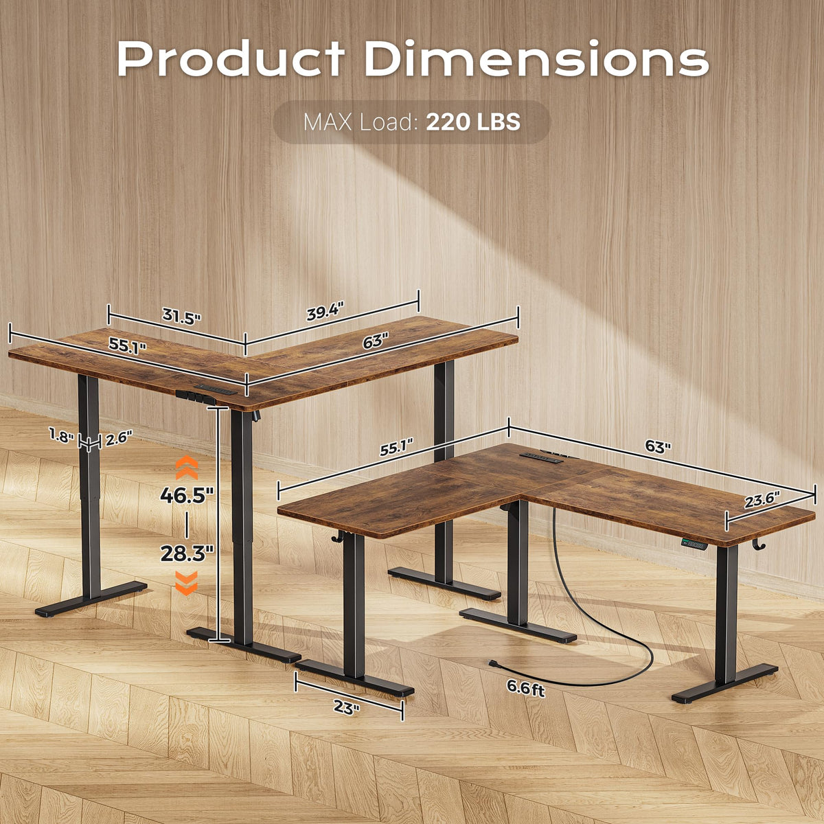 63 x 55 Inch L Shaped Standing Desk with Power Outlets E167
