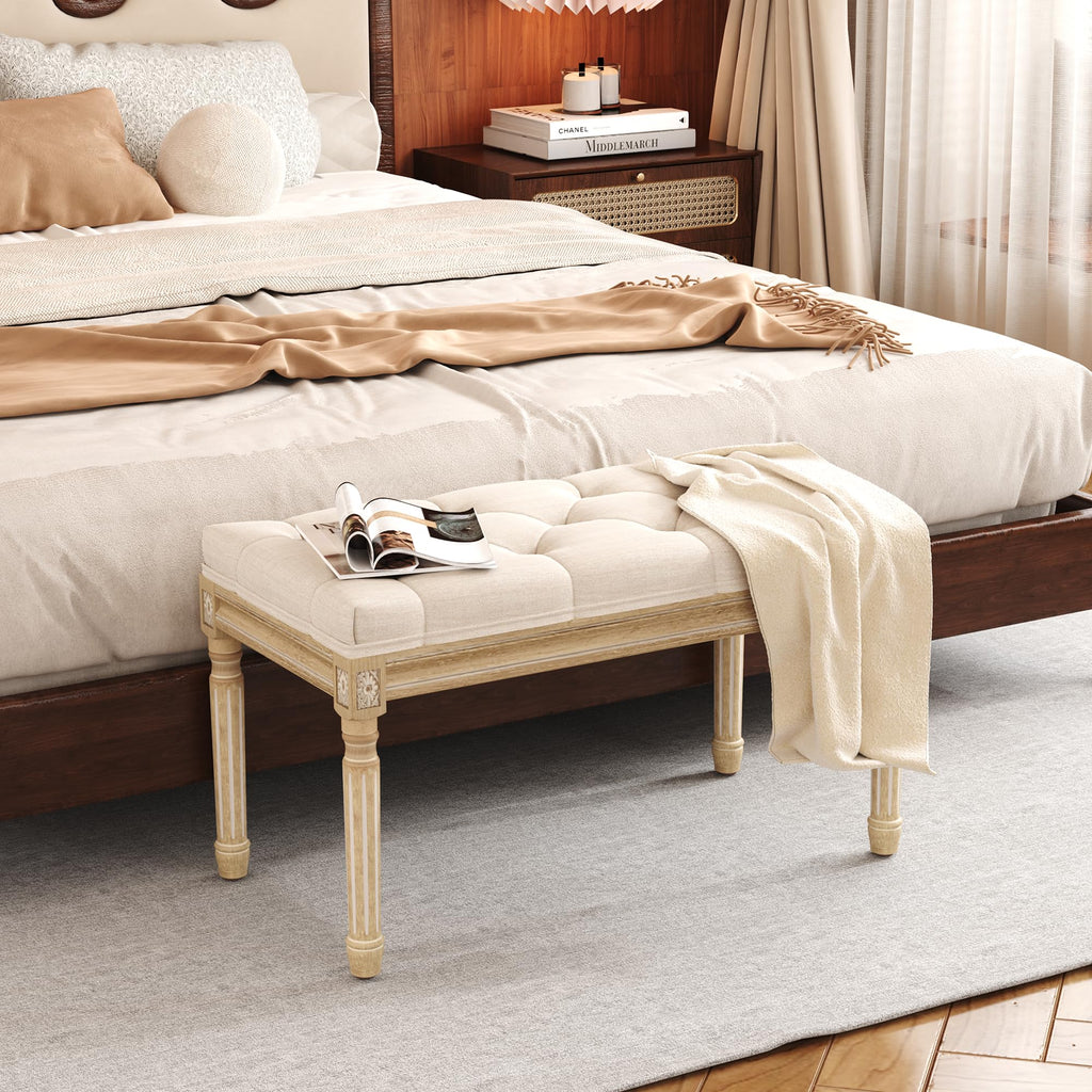 Beige Upholstered Bench with Carved Wood Legs G7926