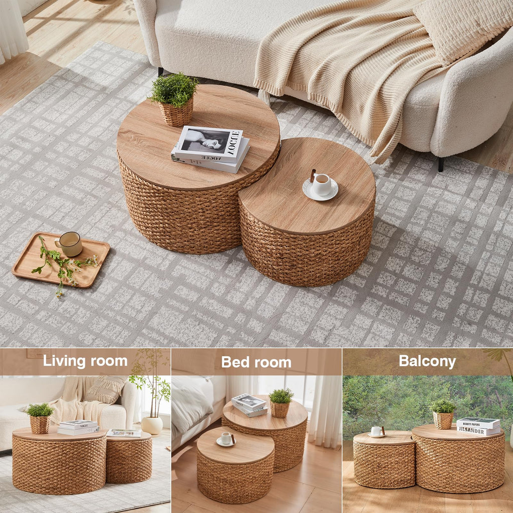 Round Nesting Coffee Table Set of 2 with Storage Wicker Rattan Wood Frame V899