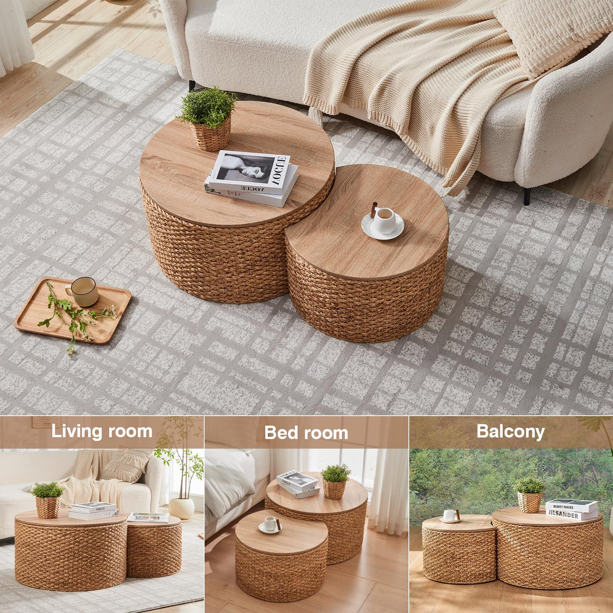 Round Nesting Coffee Table Set of 2 with Storage Wicker Rattan Wood Frame V899