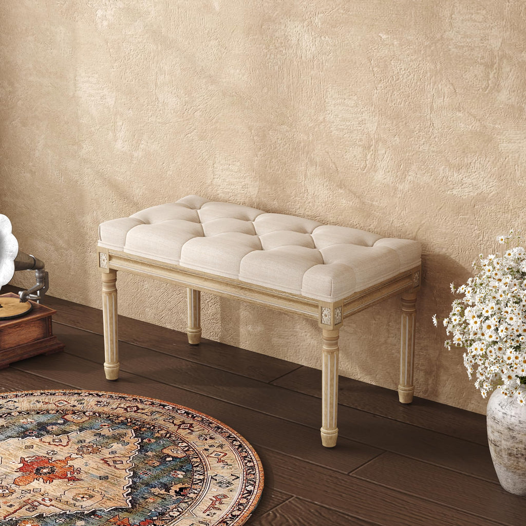 Beige Upholstered Bench with Carved Wood Legs G7926