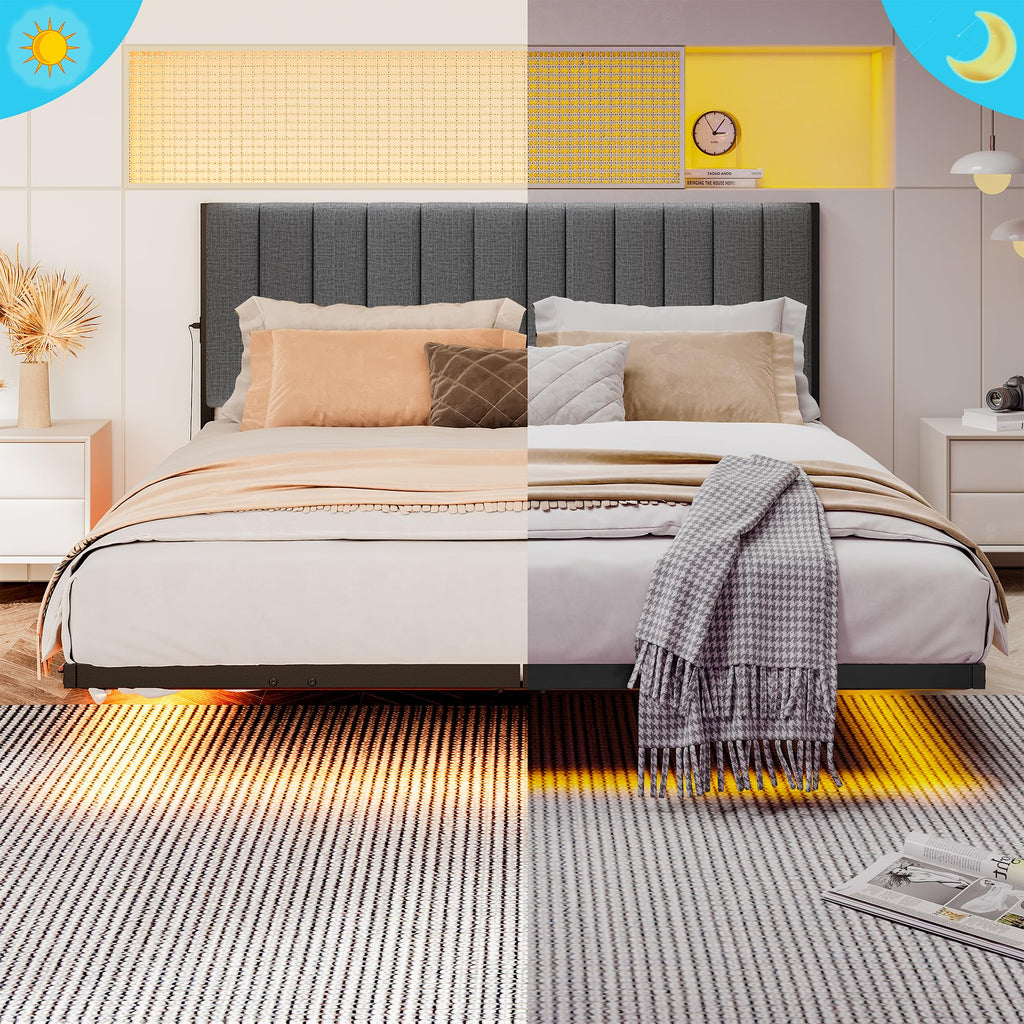 Full Size Metal Platform Bed Frame with LED Lights and Charging Port X709345