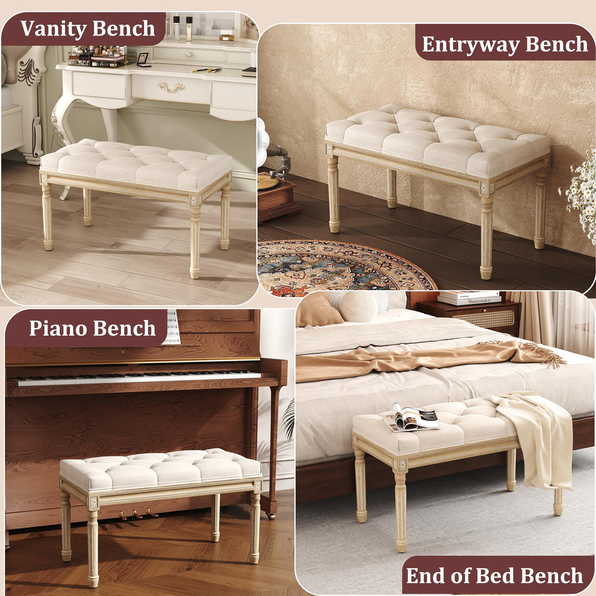 Beige Upholstered Bench with Carved Wood Legs G7926