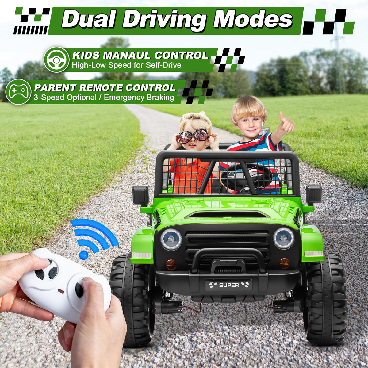 24V Ride on Car with Remote Control, 2 Seater 4WD/2WD Truck, Green B52615