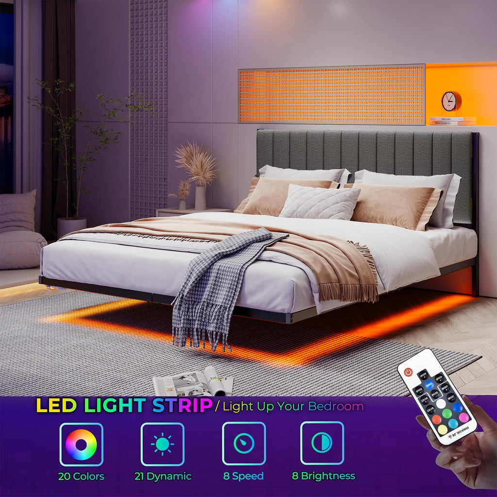 Full Size Metal Platform Bed Frame with LED Lights and Charging Port X709345